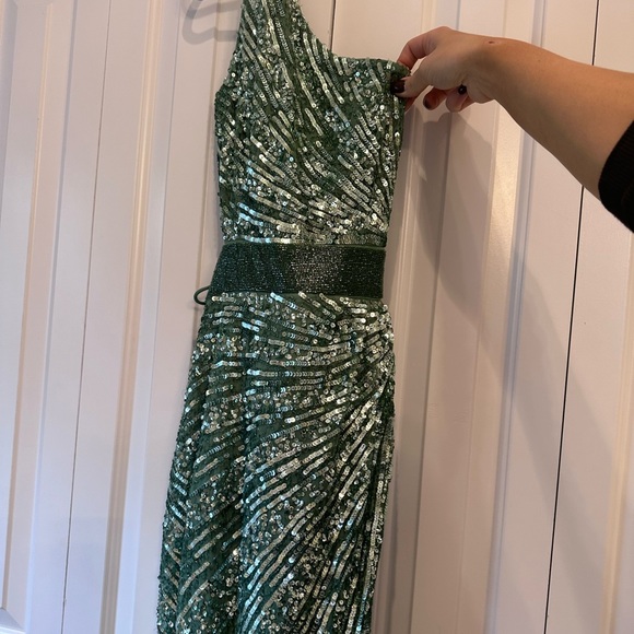 MAC DUGGAL - Sequined One-Shoulder Lace-Up Gown -SAGE - Picture 4 of 7